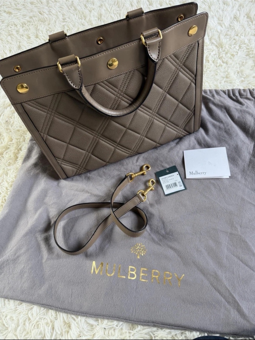 Mulberry Quilted Taupe Leather Tote with Gold Hardware